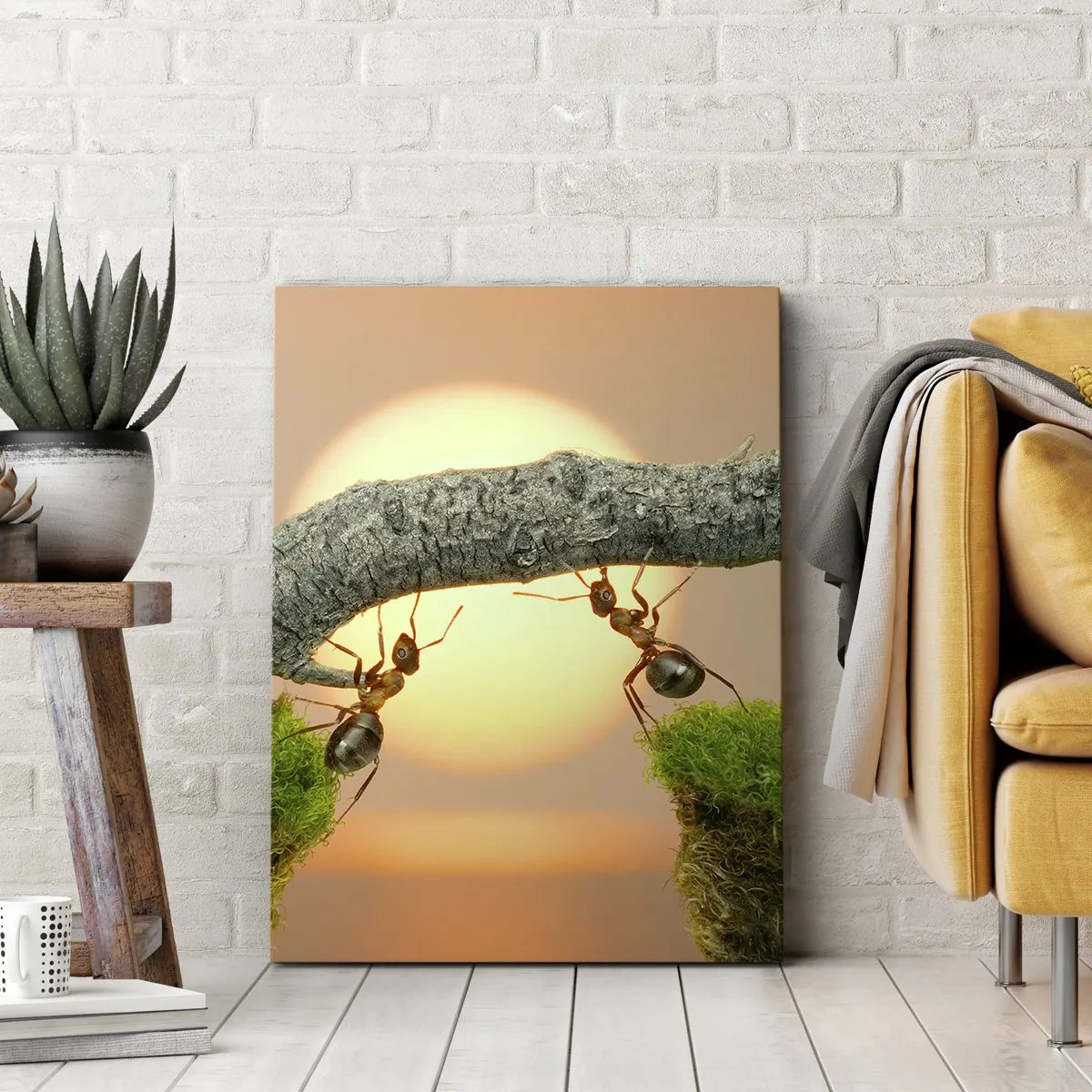 Cuadro sobre lienzo - Impresión de Imagen - Hormigas construyendo un puente de ramas con el sol poniente como telón de fondo. - 50x70cm - Trabajar juntos con alegría - Decoración de pared moderna para salón y dormitorio ARTTOR