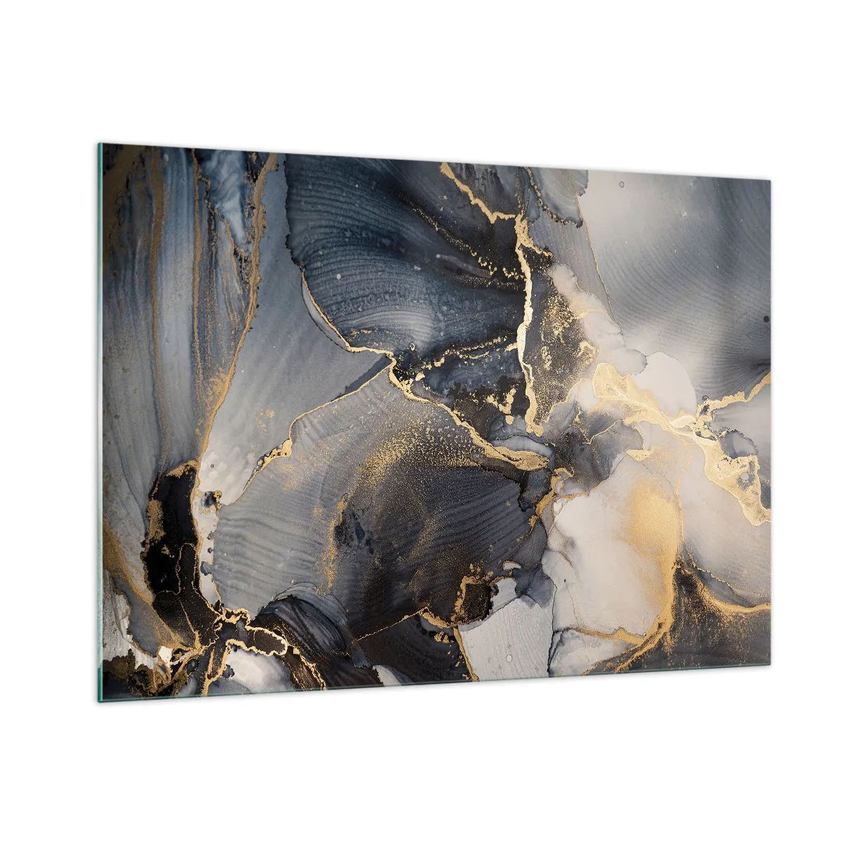 Cuadro sobre vidrio - Impresiones sobre Vidrio - Abstracción oscura con efecto mármol y vetas doradas. - 100x70cm - La vida de una piedra - Decoración de pared moderna para salón y dormitorio ARTTOR