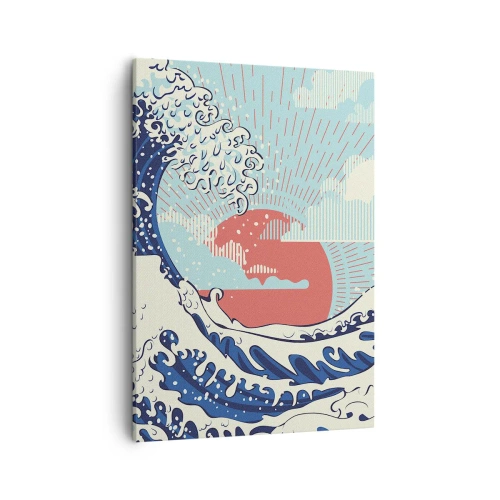 Cuadro sobre lienzo - Impresión de Imagen - Olas del océano y una puesta de sol al estilo japonés - 50x70cm - De inspiración japonesa - Decoración de pared moderna para salón y dormitorio ARTTOR