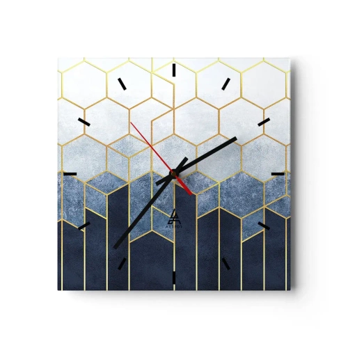 Reloj de pared - Reloj de vidrio - Patrón geométrico en tonos dorados y azul marino. - 30x30cm - Composición rítmica visual - Decoración de pared moderna para salón y dormitorio ARTTOR