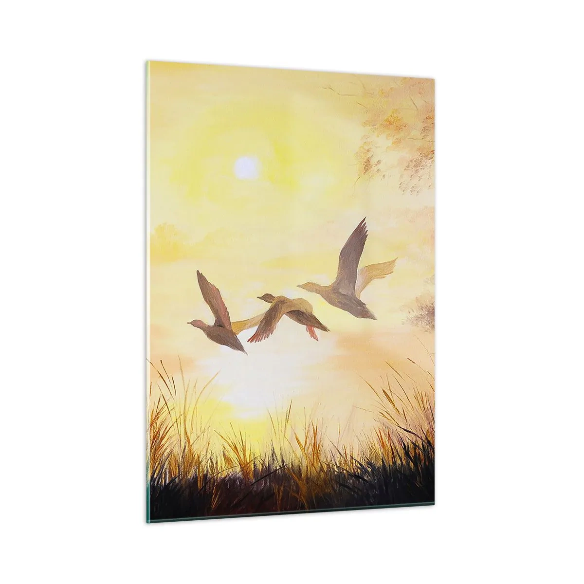 Cuadro sobre vidrio - Impresiones sobre Vidrio - Tres patos volando sobre un lago al amanecer - 50x70cm - El comienzo de un largo viaje - Decoración de pared moderna para salón y dormitorio ARTTOR