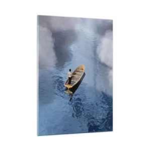 Cuadro sobre vidrio - Impresiones sobre Vidrio - Un hombre en un barco navegando por el agua entre las nubes. - 50x70cm - La vida - el viaje - lo desconocido - Decoración de pared moderna para salón y dormitorio ARTTOR