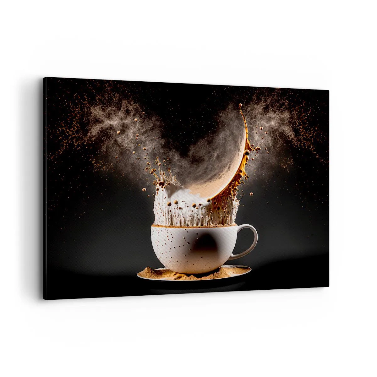 Cuadro sobre lienzo - Impresión de Imagen - Una taza de café con una explosión dinámica de líquido sobre un fondo negro. - 100x70cm - Una explosión de sabor - Decoración de pared moderna para salón y dormitorio ARTTOR