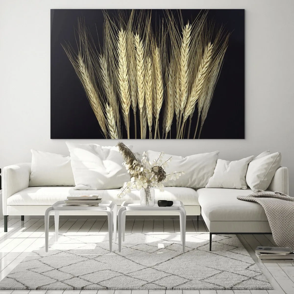 Cuadro sobre vidrio - Impresiones sobre Vidrio - Grano en tonos cálidos sobre fondo negro - 70x50cm - Magia rústica - Decoración de pared moderna para salón y dormitorio ARTTOR