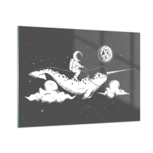 Cuadro sobre vidrio - Impresiones sobre Vidrio - Astronauta montando un narval en un entorno espacial - 100x70cm - Jinete espacial - Decoración de pared moderna para salón y dormitorio ARTTOR