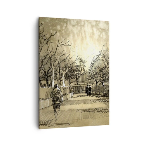 Cuadro sobre lienzo - Impresión de Imagen - Una escena de dibujos animados de un parque con gente caminando en tonos cálidos. - 50x70cm - Un momento hecho a pluma - Decoración de pared moderna para salón y dormitorio ARTTOR