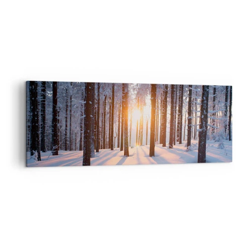 Cuadro sobre lienzo - Impresión de Imagen - Bosque invernal iluminado por los rayos del sol. - 140x50cm - Claramente en blanco y negro - Decoración de pared moderna para salón y dormitorio ARTTOR