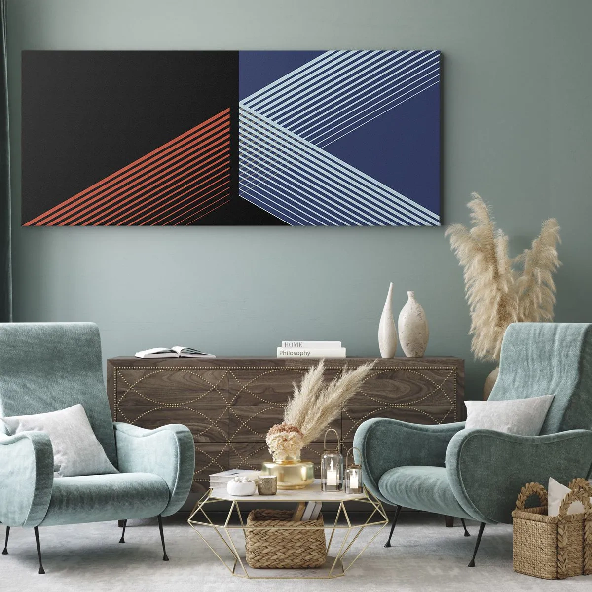 Cuadro sobre lienzo - Impresión de Imagen - Líneas geométricas en tonos rojos y azules. - 120x50cm - La rectitud - Decoración de pared moderna para salón y dormitorio ARTTOR