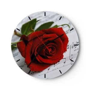 Reloj de pared - Reloj de vidrio - Una rosa roja sobre un fondo de notas musicales. - 30x30cm - La música de los sentimientos en escarlata - Decoración de pared moderna para salón, cocina y dormitorio ARTTOR