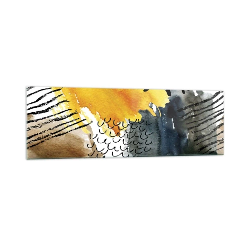 Cuadro sobre vidrio - Impresiones sobre Vidrio - Una composición abstracta con acentos amarillos y patrones gráficos. - 160x50cm - Reunión de los elementos - Decoración de pared moderna para salón y dormitorio ARTTOR