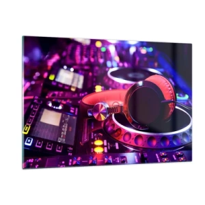 Cuadro sobre vidrio - Impresiones sobre Vidrio - Equipo de DJ colorido con auriculares rojos. - 120x80cm - Antes de que comience la diversión - Decoración de pared moderna para salón y dormitorio ARTTOR