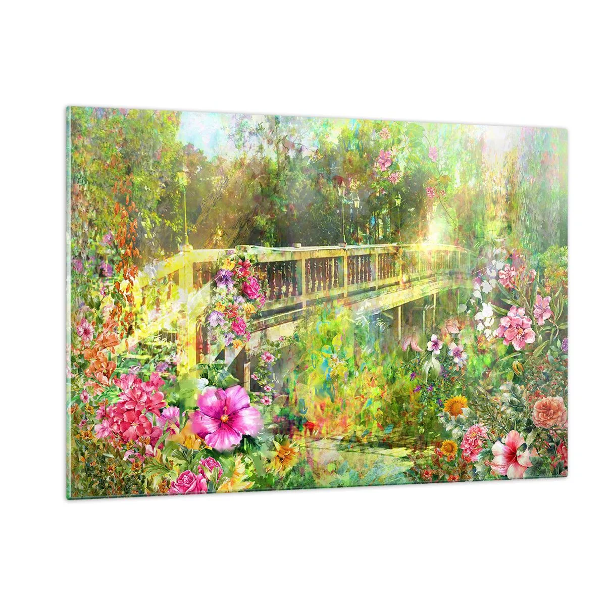 Cuadro sobre vidrio - Impresiones sobre Vidrio - Un puente rodeado de exuberante vegetación y flores de colores. - 120x80cm - Un puente de suspiros de primavera - Decoración de pared moderna para salón y dormitorio ARTTOR