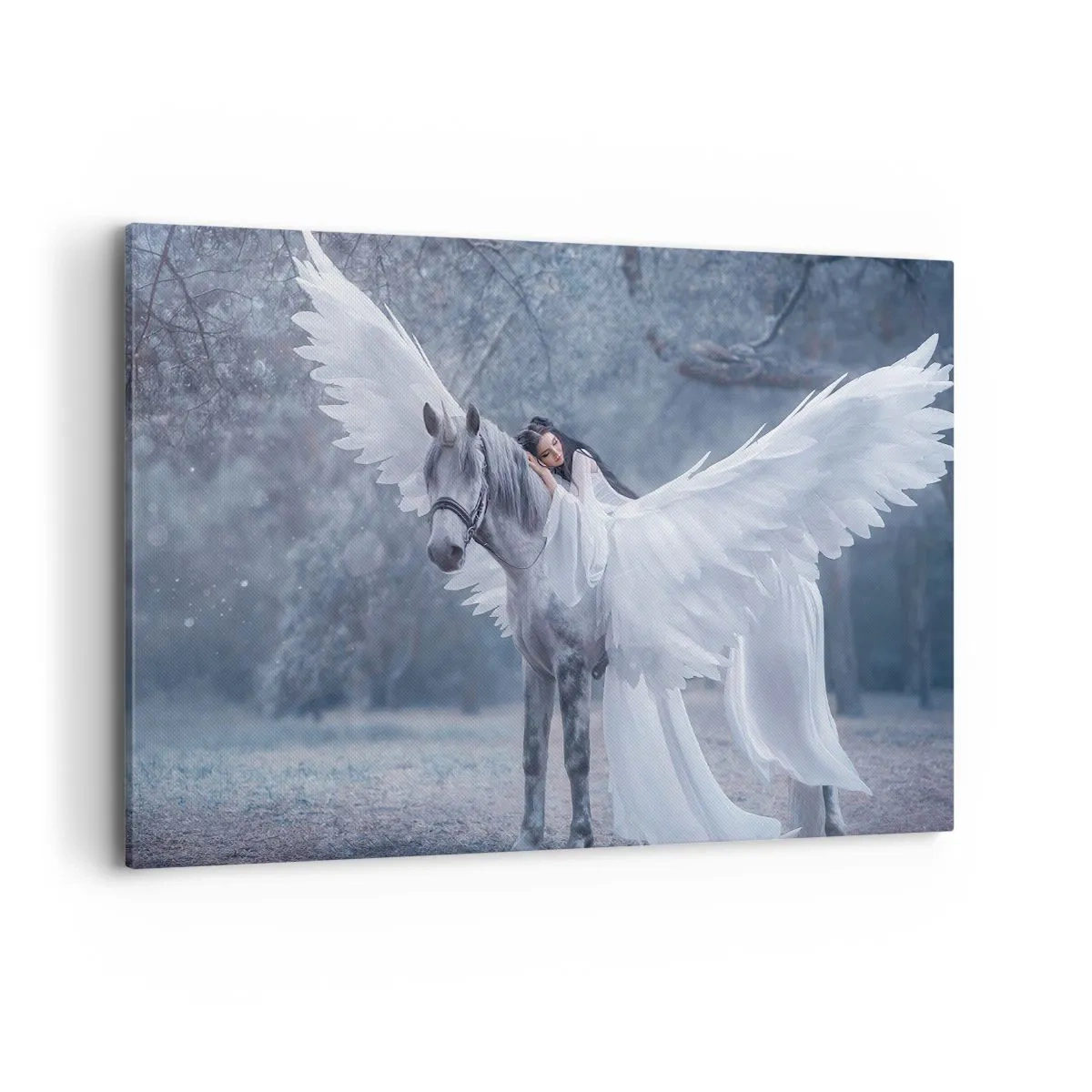 Cuadro sobre lienzo - Impresión de Imagen - Una mujer en un caballo blanco con alas en un bosque mágico. - 100x70cm - Un momento de inspiración - Decoración de pared moderna para salón y dormitorio ARTTOR