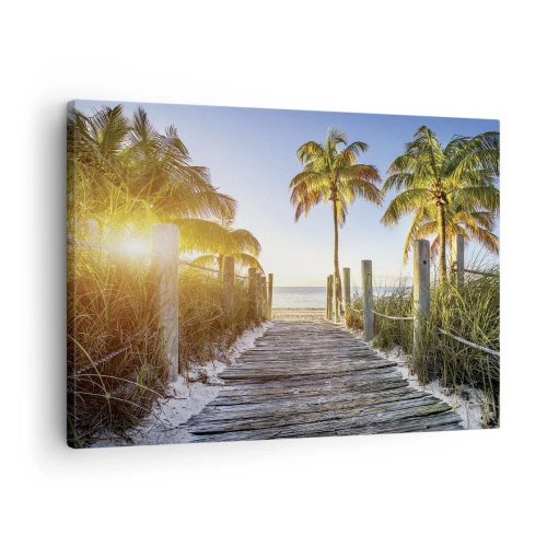 Cuadro sobre lienzo - Impresión de Imagen - Camino de madera en la playa con palmeras al fondo - 70x50cm - Directo al paraíso - Decoración de pared moderna para salón y dormitorio ARTTOR