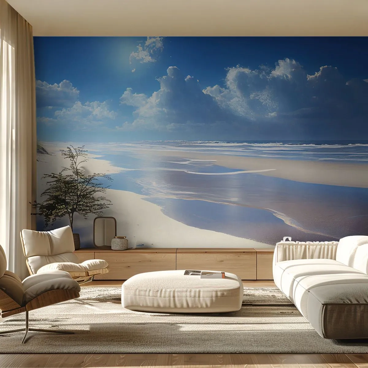 Fotomural Premium Sand - Una amplia playa de arena bajo un cielo azul. - 100x70cm - Vacaciones en el paraíso - Decoración de pared moderna para salón y dormitorio ARTTOR