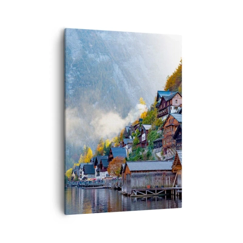 Cuadro sobre lienzo - Impresión de Imagen - Un pueblo de montaña junto a un lago en un paisaje otoñal. - 50x70cm - Ambiente alpino - Decoración de pared moderna para salón y dormitorio ARTTOR