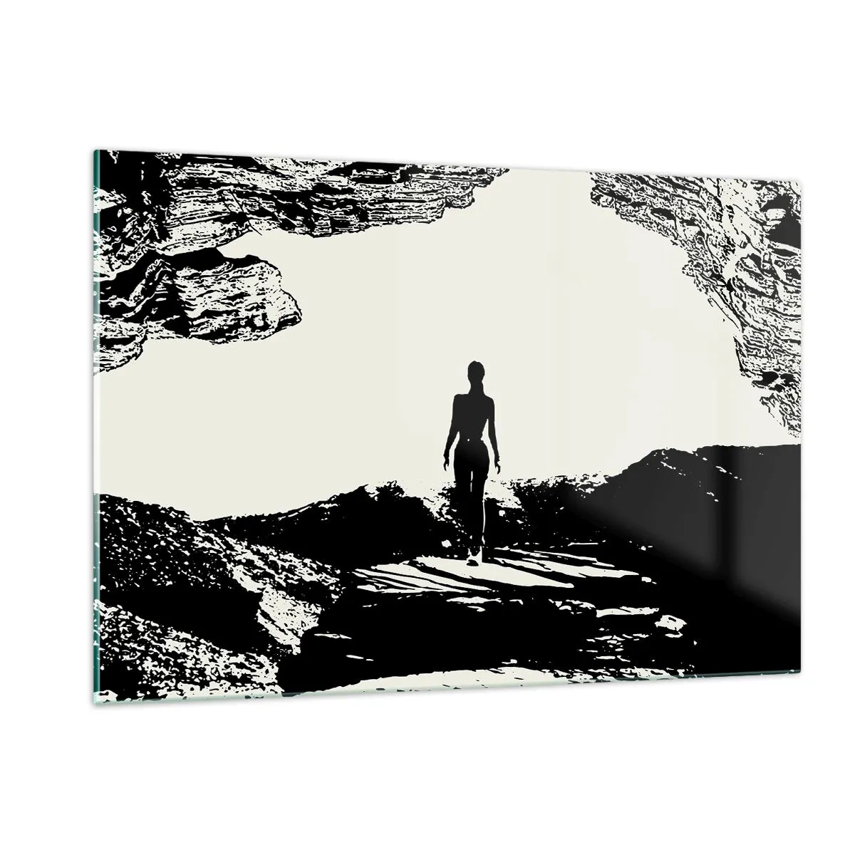 Cuadro sobre vidrio - Impresiones sobre Vidrio - Silueta de una mujer emergiendo de una cueva en gráficos en blanco y negro - 120x80cm - Una nueva mirada - Decoración de pared moderna para salón y dormitorio ARTTOR