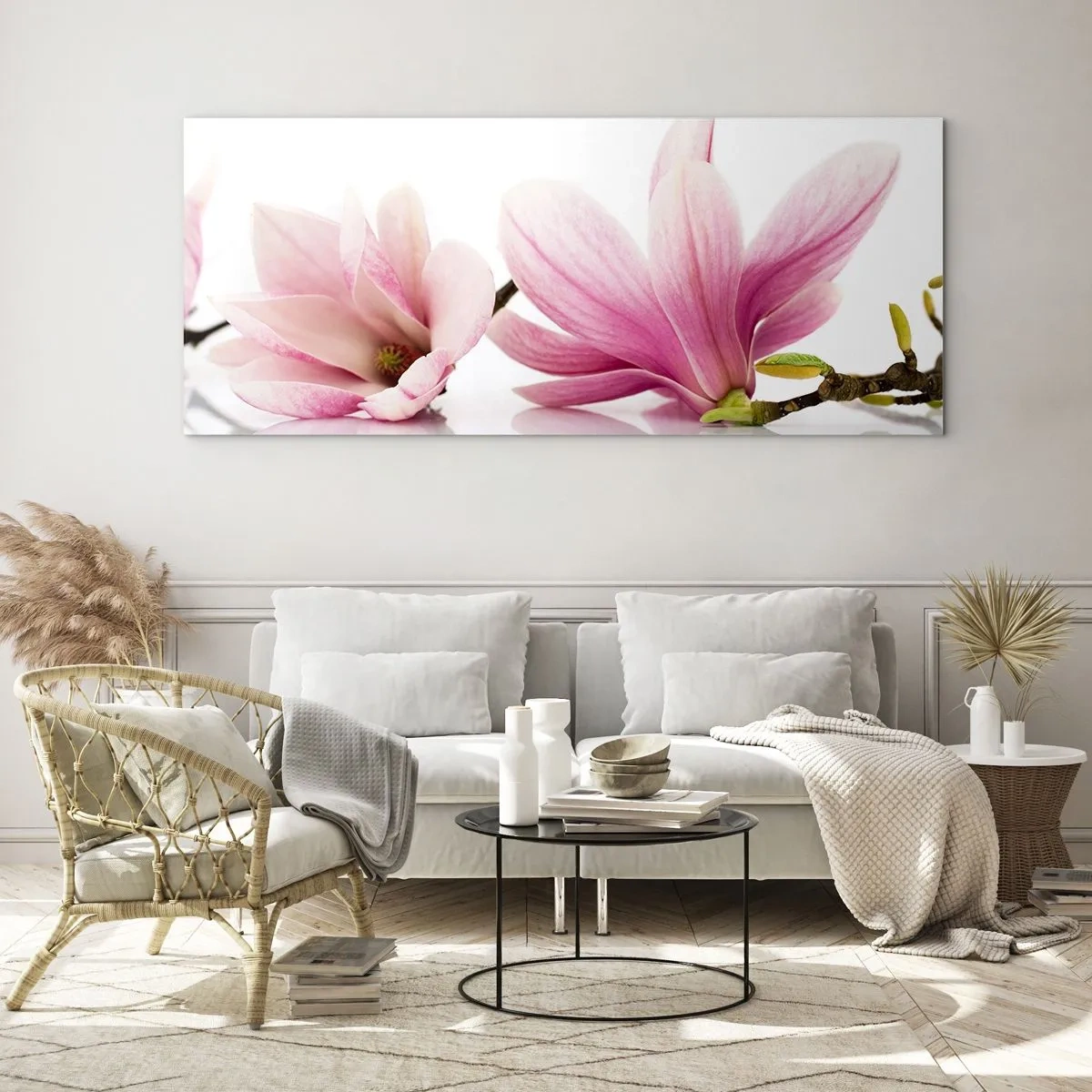 Cuadro sobre vidrio - Impresiones sobre Vidrio - Delicadas magnolias rosas sobre un fondo blanco. - 120x50cm - Suave como un soplo de primavera - Decoración de pared moderna para salón y dormitorio ARTTOR