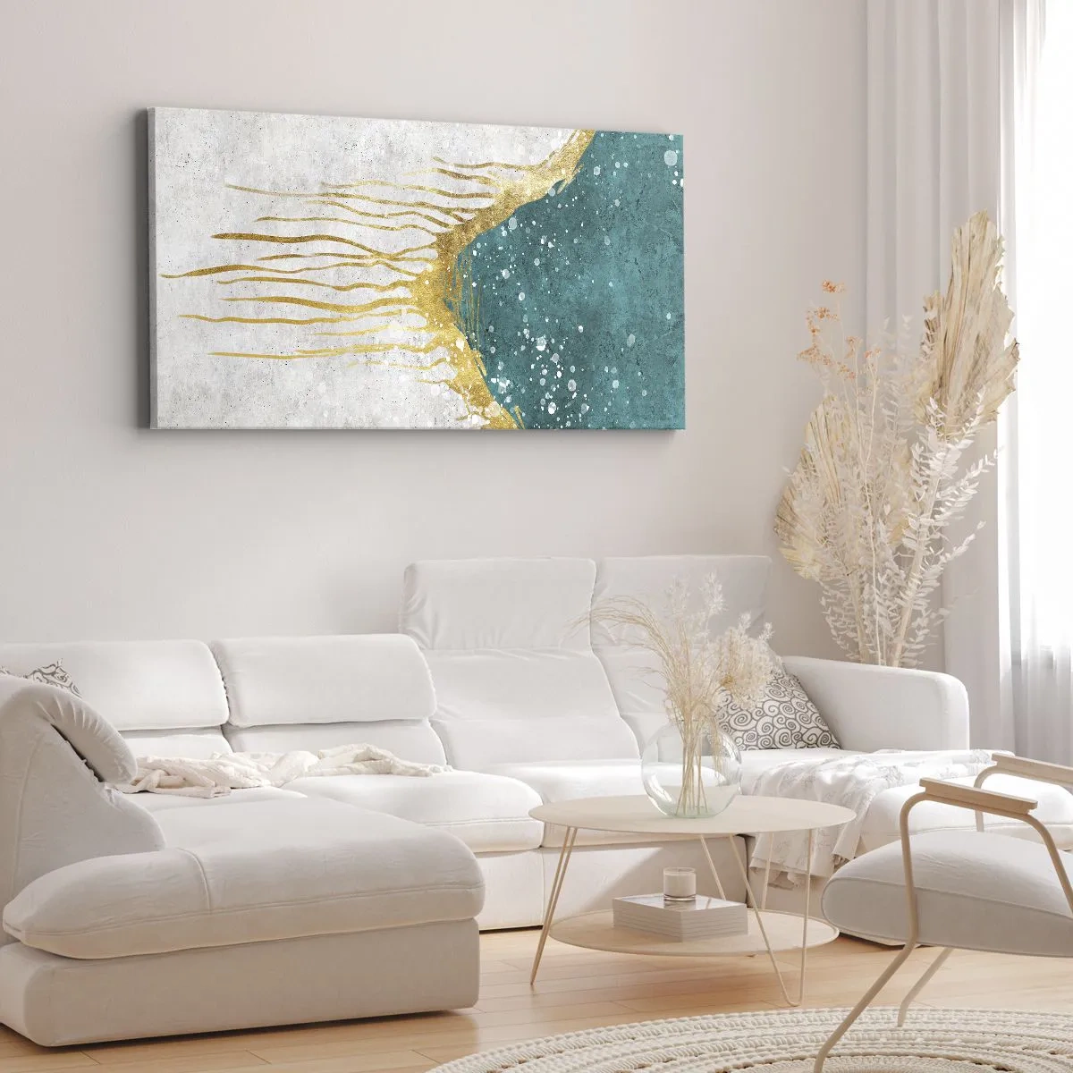 Cuadro sobre lienzo - Impresión de Imagen - Una composición abstracta en tonos dorados y turquesas. - 160x50cm - Marea dorada - Decoración de pared moderna para salón y dormitorio ARTTOR