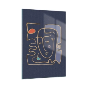Cuadro sobre vidrio - Impresiones sobre Vidrio - Rostro abstracto delineado sobre un fondo azul marino - 50x70cm - En un maravilloso sueño - Decoración de pared moderna para salón y dormitorio ARTTOR