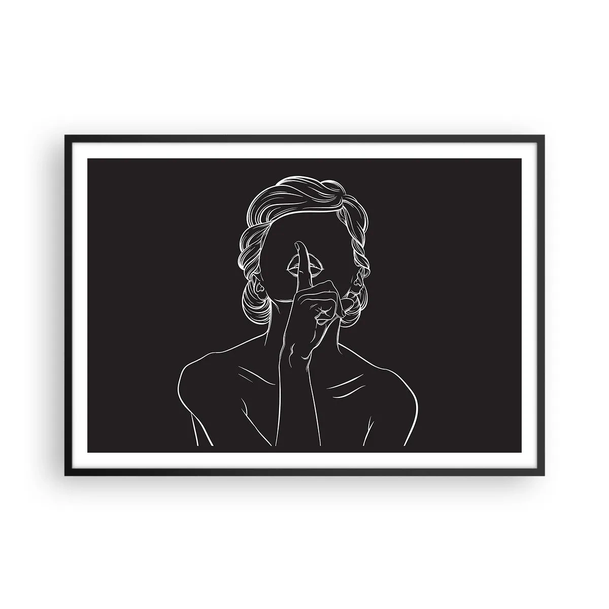 Póster en marco negro - Silueta minimalista de una mujer sobre un fondo negro. - 100x70cm - La belleza florece en silencio - Decoración de pared moderna para salón y dormitorio ARTTOR