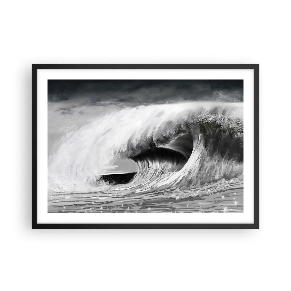 Póster en marco negro - Ola oceánica dramática en monocromo - 70x50cm - La ira del océano - Decoración de pared moderna para salón y dormitorio ARTTOR