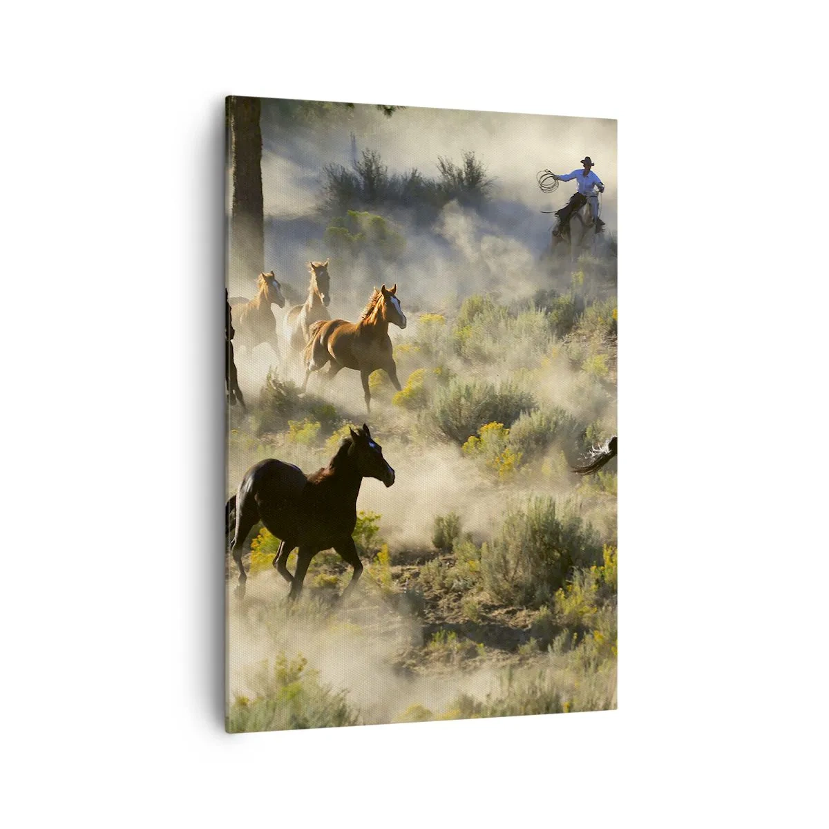 Cuadro sobre lienzo - Impresión de Imagen - Una manada de caballos salvajes galopando a través del polvo y la vegetación. - 70x100cm - Rivalidad: ¿libertad o fuerza? - Decoración de pared moderna para salón y dormitorio ARTTOR