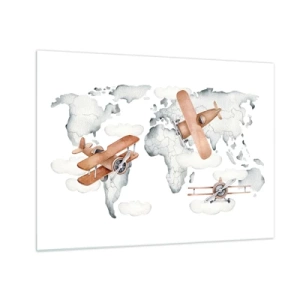 Cuadro sobre vidrio - Impresiones sobre Vidrio - Mapa del mundo de aviones retro para niños - 70x50cm - Con espíritu pionero - Decoración de pared moderna para salón y dormitorio ARTTOR