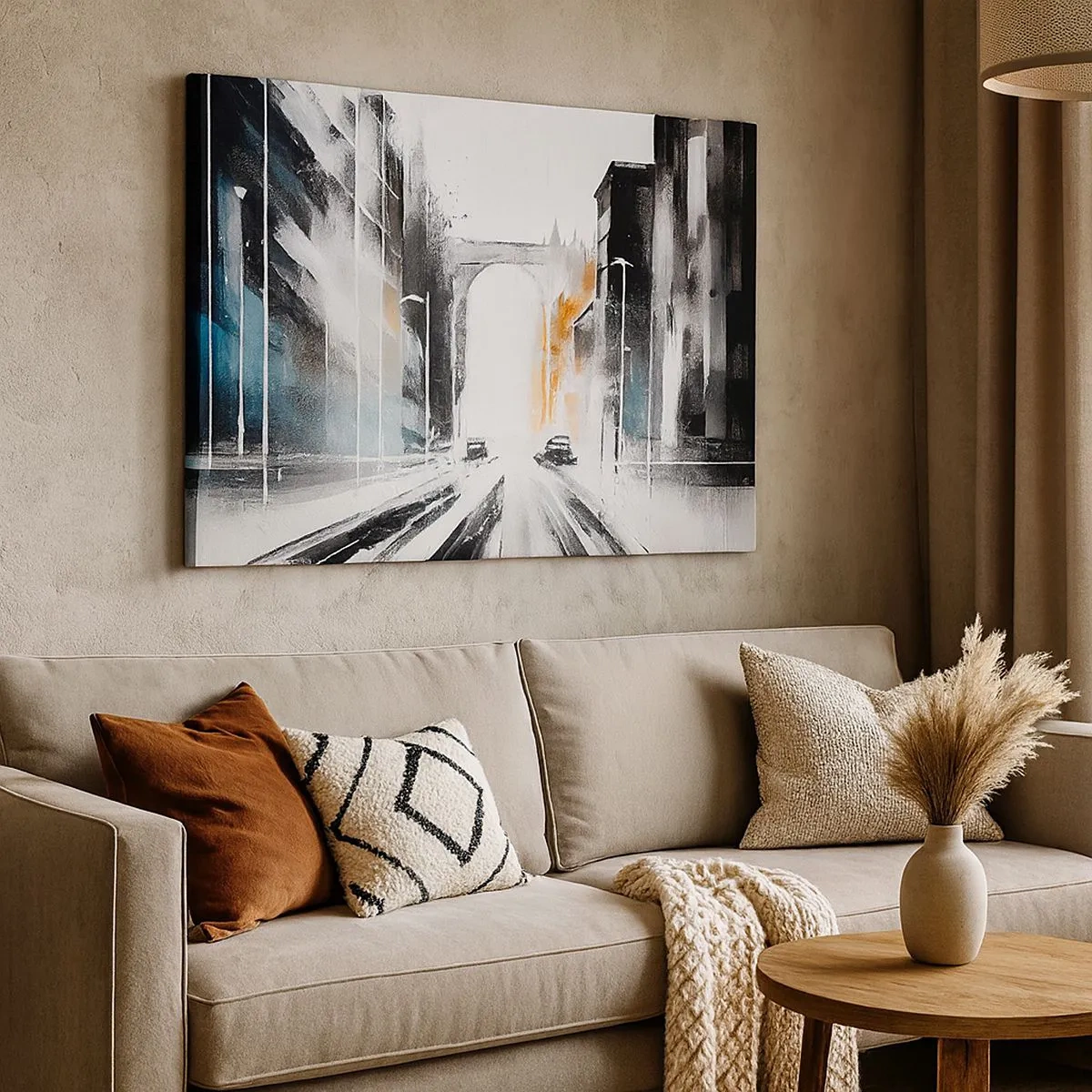 Cuadro sobre lienzo - Impresión de Imagen - Panorama abstracto de la ciudad con un puente arqueado - 70x50cm - Estudio de la ciudad: arquitectura y movimiento - Decoración de pared moderna para salón y dormitorio ARTTOR