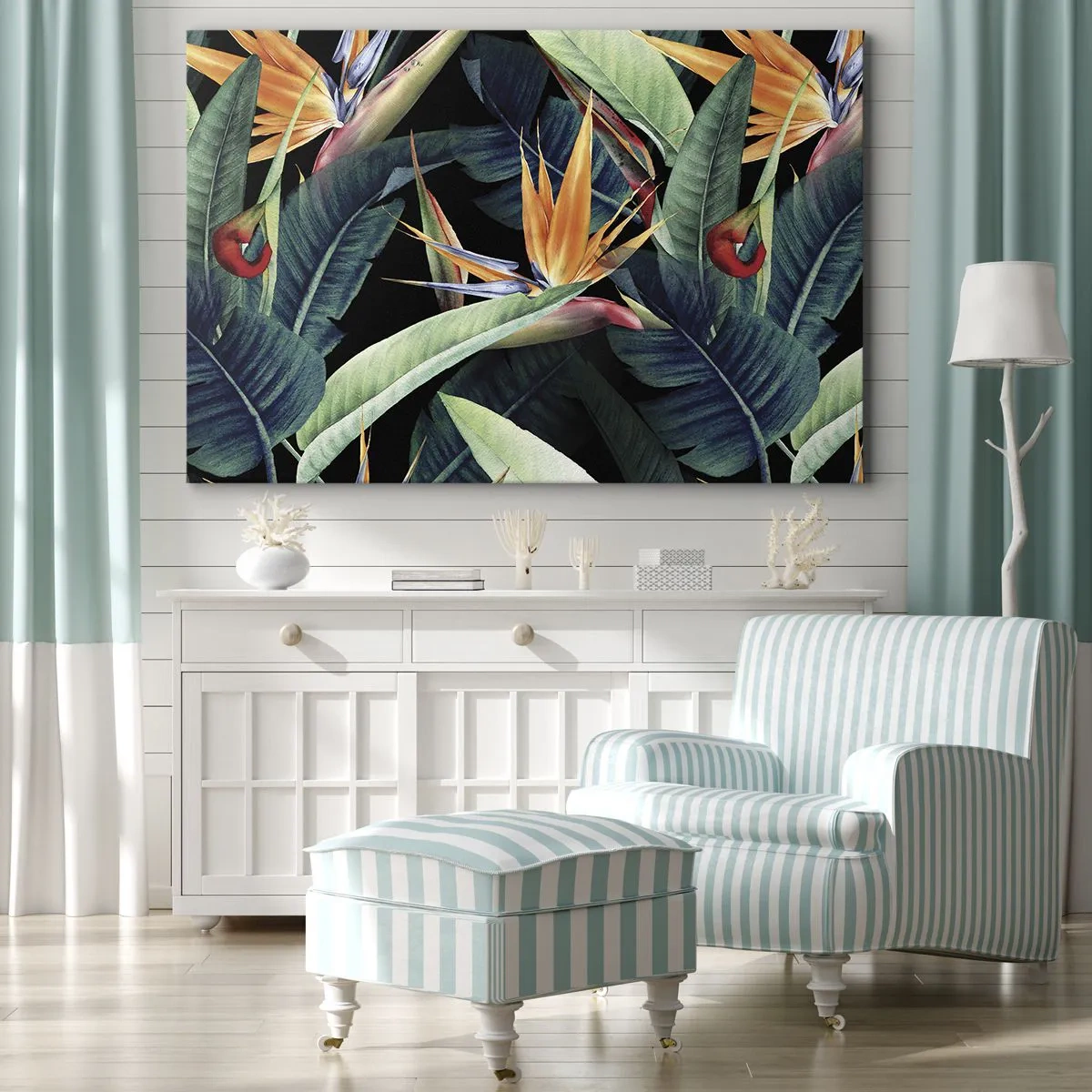 Cuadro sobre lienzo - Impresión de Imagen - Flores y hojas tropicales sobre fondo negro. - 120x80cm - Flores de llamas de los trópicos - Decoración de pared moderna para salón y dormitorio ARTTOR
