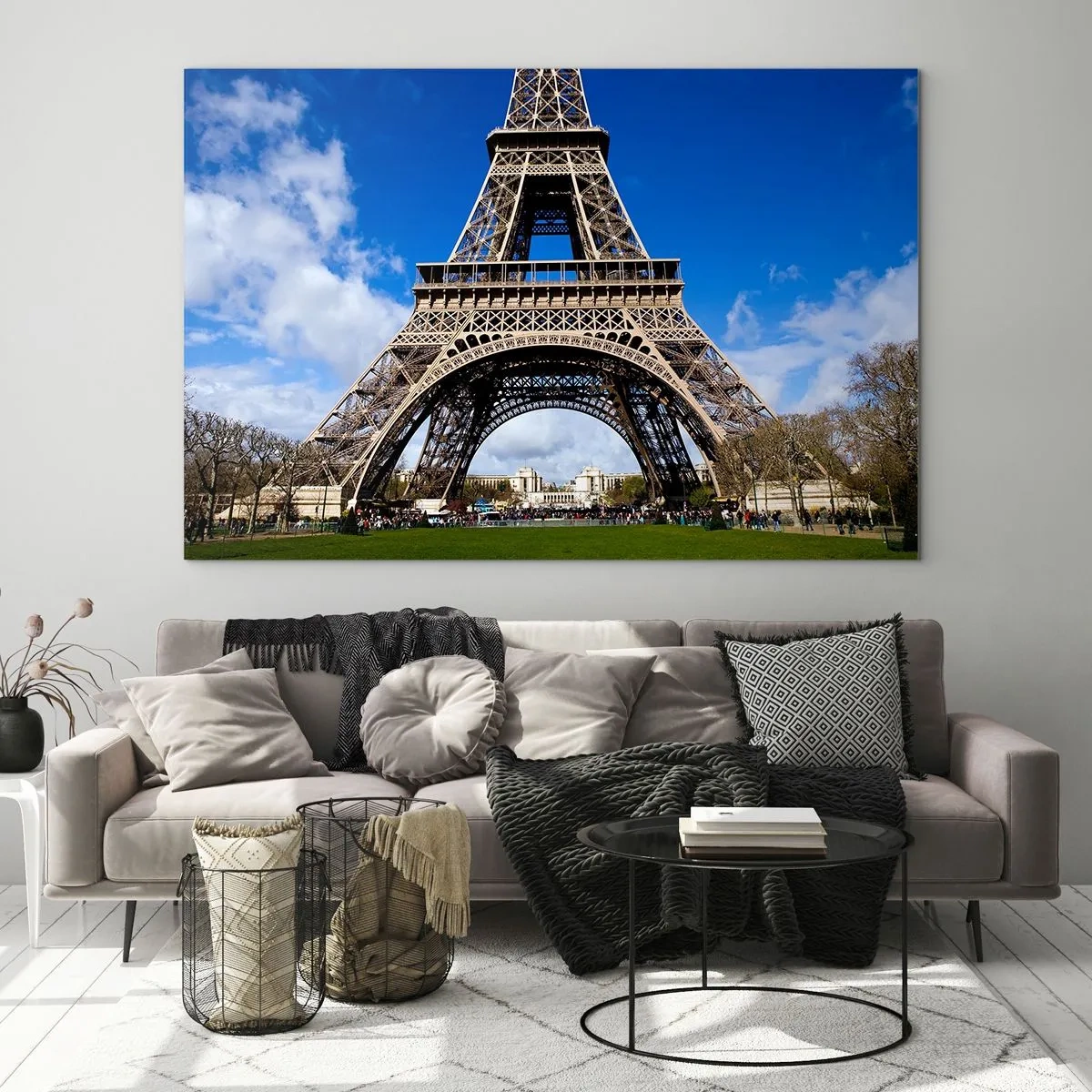 Cuadro sobre vidrio - Impresiones sobre Vidrio - La Torre Eiffel contra un cielo azul - 70x50cm - Todo París a sus pies - Decoración de pared moderna para salón y dormitorio ARTTOR