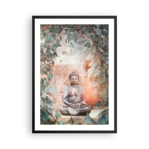 Póster en marco negro - Una estatua de Buda rodeada de hiedra en un aura meditativa. - 50x70cm - Alegre armonía - Decoración de pared moderna para salón y dormitorio ARTTOR