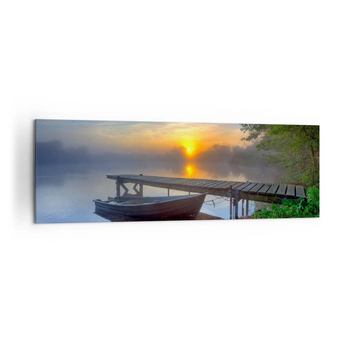 Cuadro sobre lienzo - Impresión de Imagen - Un embarcadero junto al lago al amanecer con un barco en la orilla. - 160x50cm - Cómo lo ordinario se convierte en mágico - Decoración de pared moderna para salón y dormitorio ARTTOR
