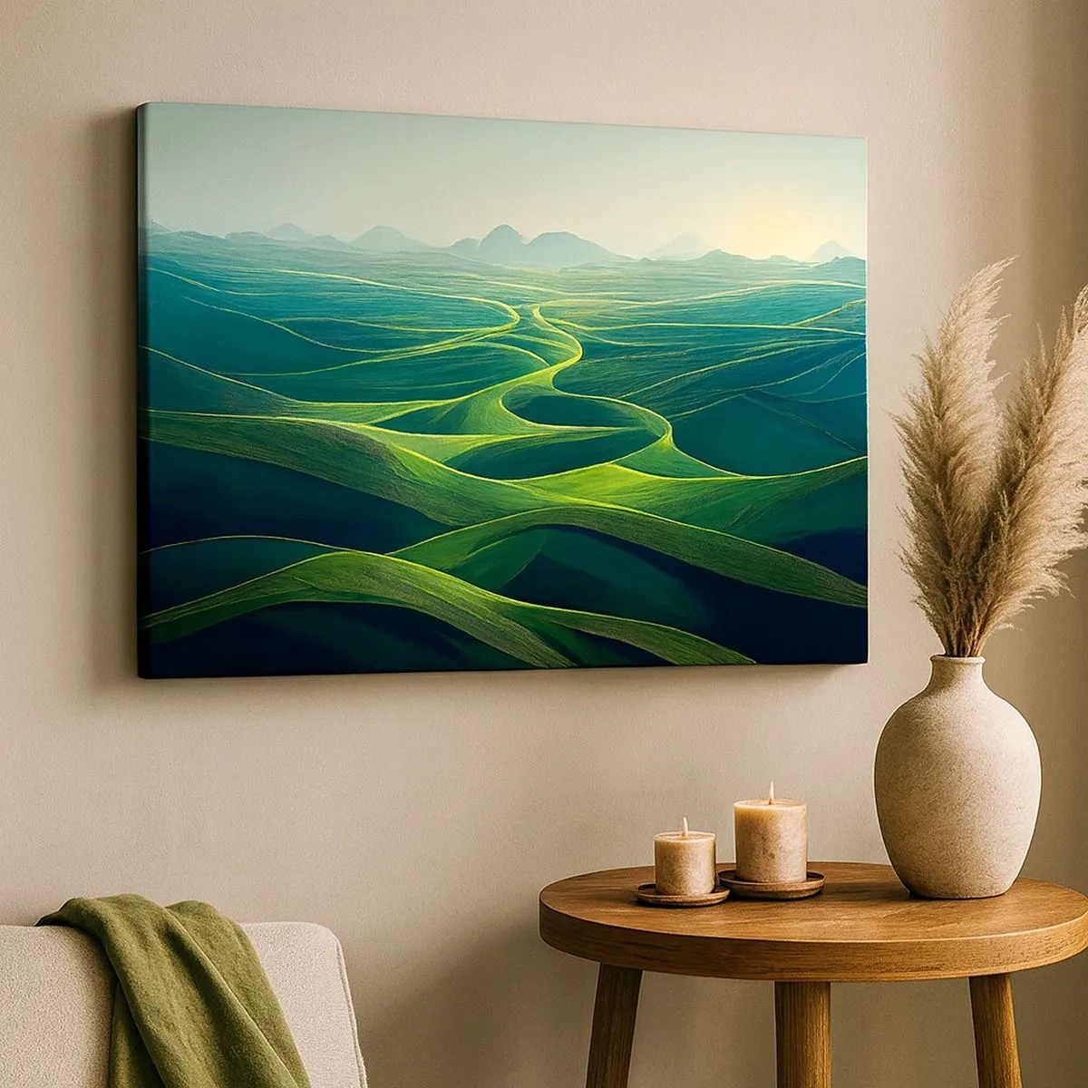 Cuadro sobre lienzo - Impresión de Imagen - Colinas verdes con senderos ondulados - 70x50cm - Valles en tonos verdes - Decoración de pared moderna para salón y dormitorio ARTTOR