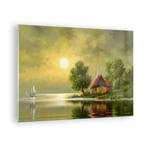 Cuadro sobre vidrio - Impresiones sobre Vidrio - Un paisaje pintoresco con una cabaña junto al lago al atardecer. - 70x50cm - Es hermoso, como salido de un cuadro - Decoración de pared moderna para salón y dormitorio ARTTOR