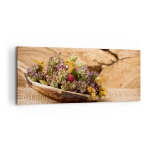 Cuadro sobre lienzo - Impresión de Imagen - Hierbas secas en una cuchara de madera sobre un fondo de madera natural. - 120x50cm - Flores coloridas y hierbas aromáticas - Decoración de pared moderna para salón y dormitorio ARTTOR