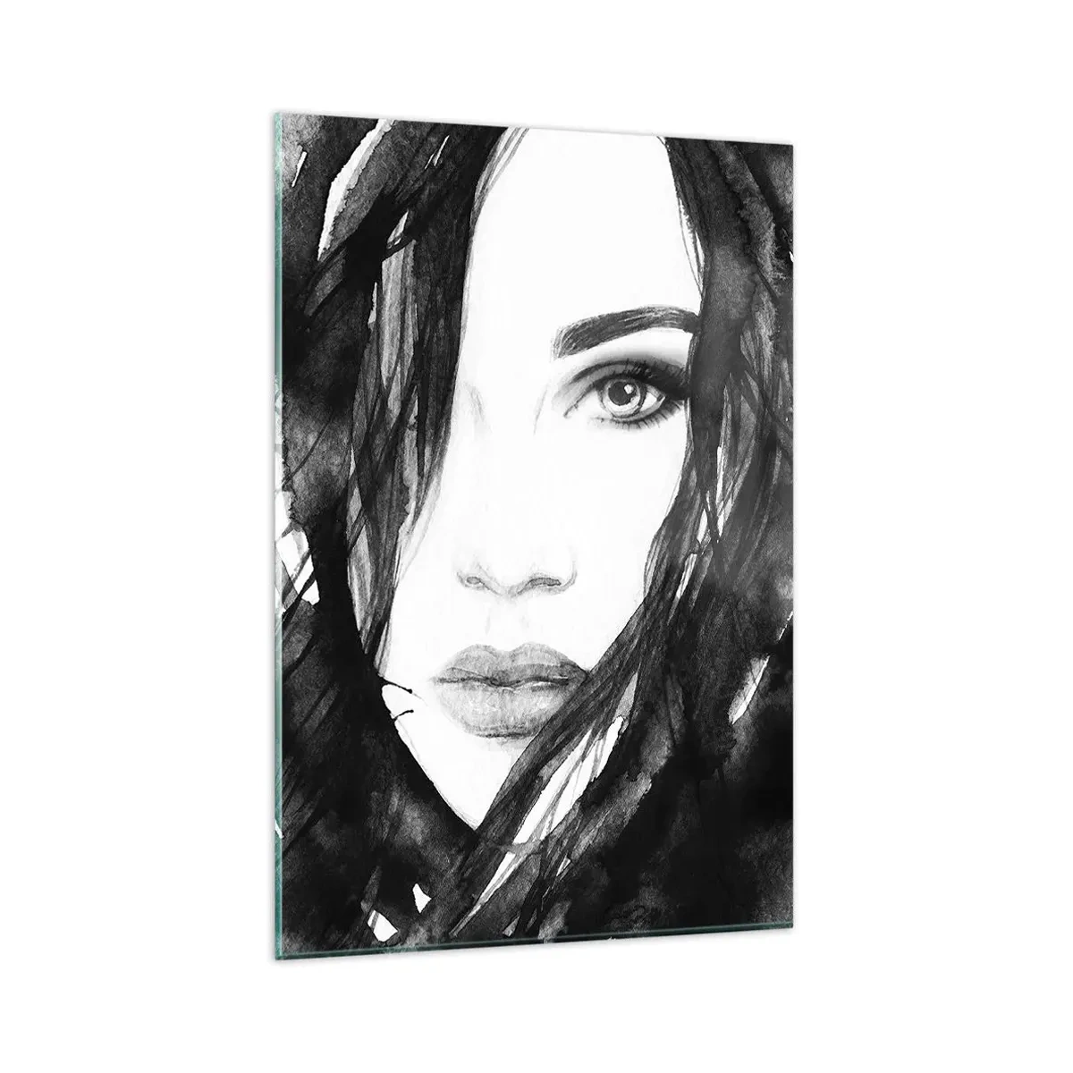 Cuadro sobre vidrio - Impresiones sobre Vidrio - Retrato de una mujer en acuarela en blanco y negro - 80x120cm - Retrato de una dama en blanco y negro - Decoración de pared moderna para salón y dormitorio ARTTOR