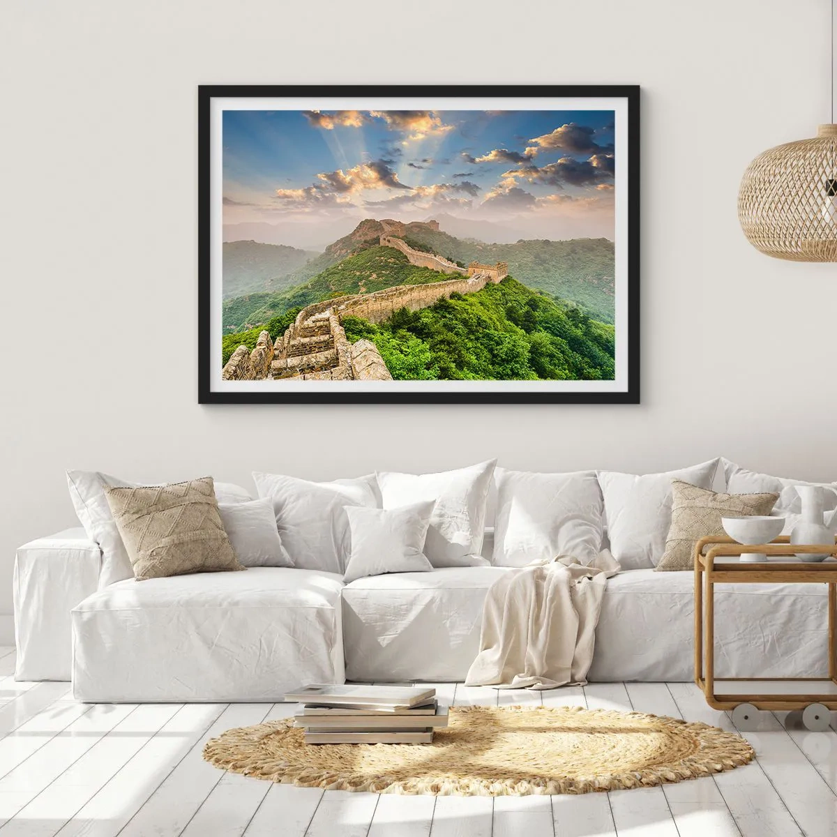 Póster en marco negro - La Gran Muralla China iluminada por la luz del sol en un paisaje pintoresco. - 70x50cm - Grandeza duradera - Decoración de pared moderna para salón y dormitorio ARTTOR