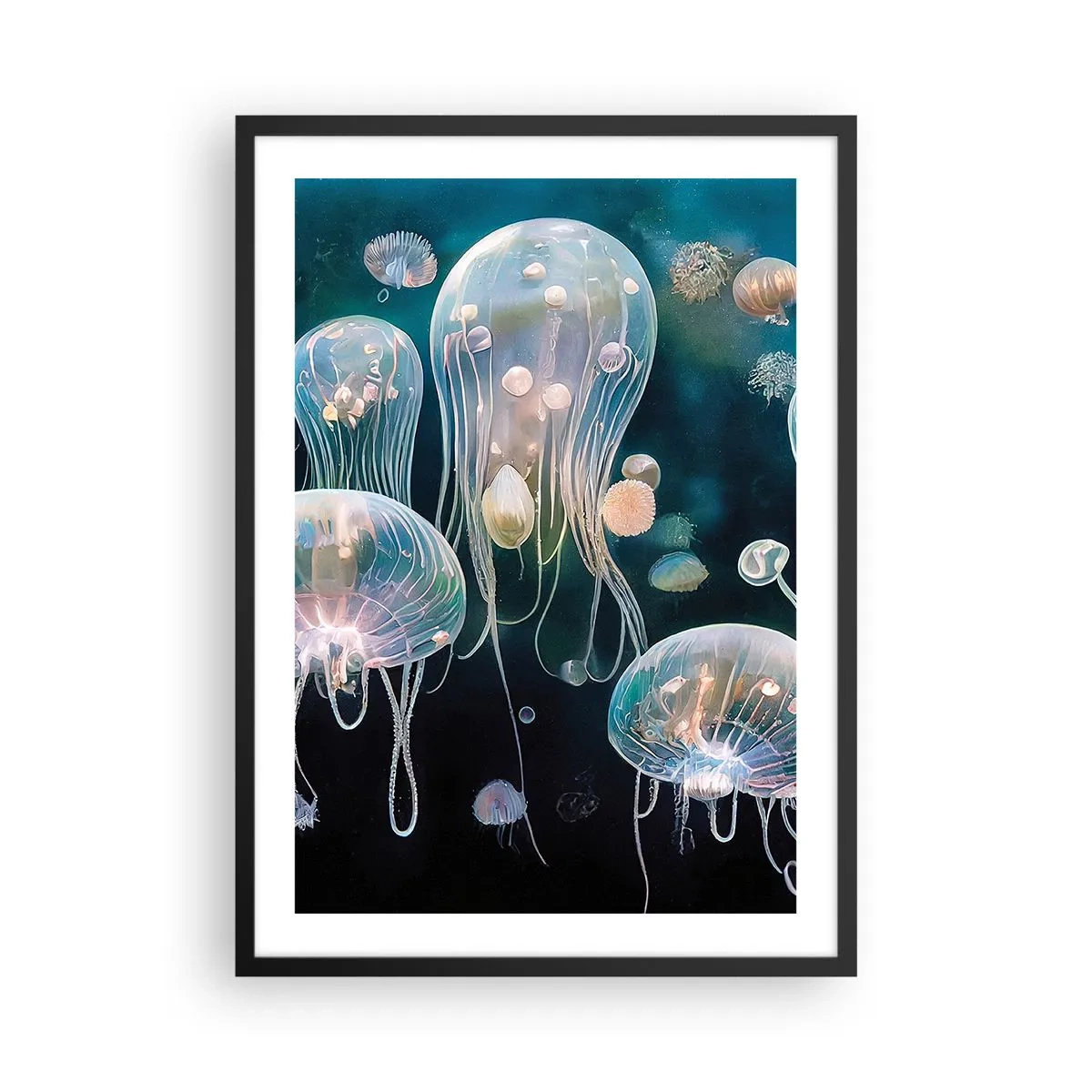 Póster en marco negro - Medusas sutiles flotando en el mar - 50x70cm - Globos submarinos - Decoración de pared moderna para salón y dormitorio ARTTOR
