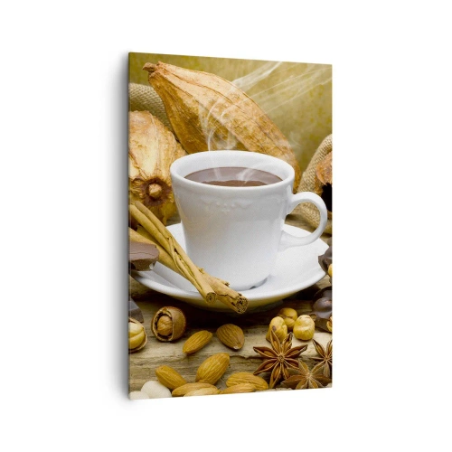 Cuadro sobre lienzo - Impresión de Imagen - Una taza de chocolate caliente rodeada de cacao y canela. - 80x120cm - Para los que buscan emociones - Decoración de pared moderna para salón y dormitorio ARTTOR