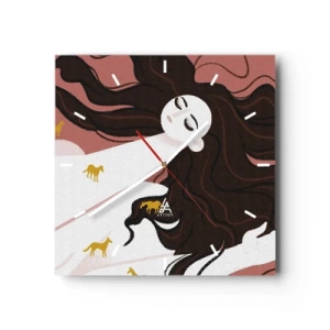 Reloj de pared - Reloj de vidrio - Una figura con los ojos cerrados rodeada de caballos dorados. - 30x30cm - Sueño de caballos dorados - Decoración de pared moderna para salón y dormitorio ARTTOR