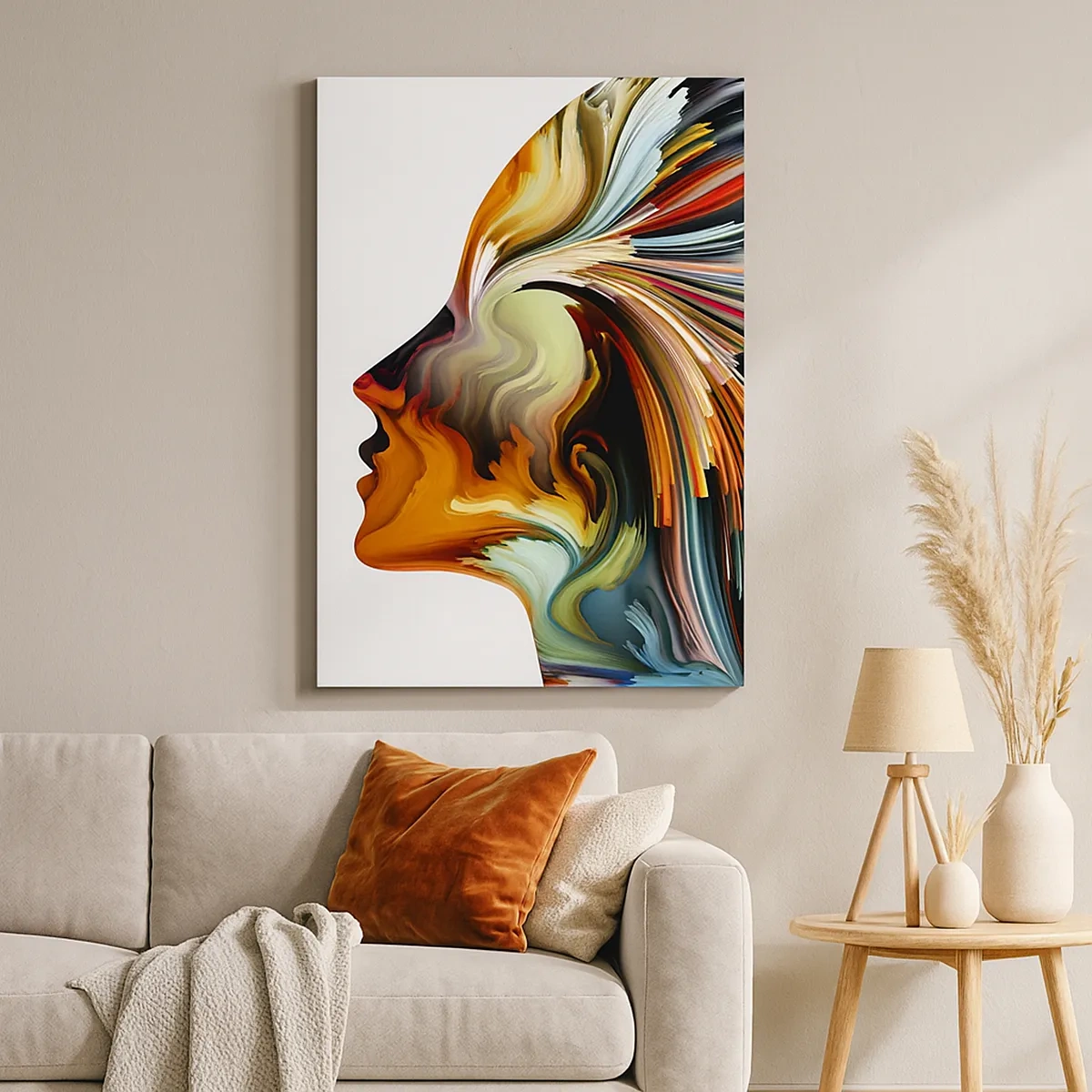 Cuadro sobre lienzo - Impresión de Imagen - Perfil de rostro abstracto con líneas dinámicas coloridas. - 50x70cm - La explosión de la imaginación - Decoración de pared moderna para salón y dormitorio ARTTOR