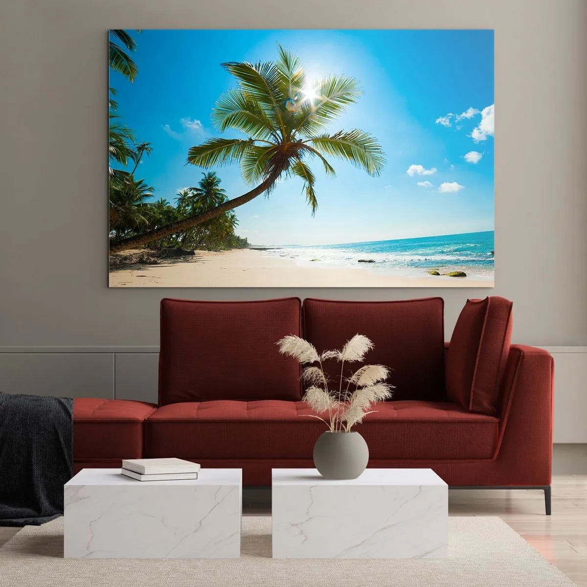 Cuadro sobre vidrio - Impresiones sobre Vidrio - Playa tropical con palmeras y cielo azul. - 100x70cm - Mi lugar privado - Decoración de pared moderna para salón y dormitorio ARTTOR