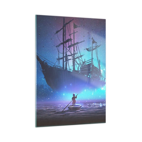 Cuadro sobre vidrio - Impresiones sobre Vidrio - Un barco nocturno flotando sobre el agua en un aura mágica. - 50x70cm - El encuentro con el mito del mar - Decoración de pared moderna para salón y dormitorio ARTTOR