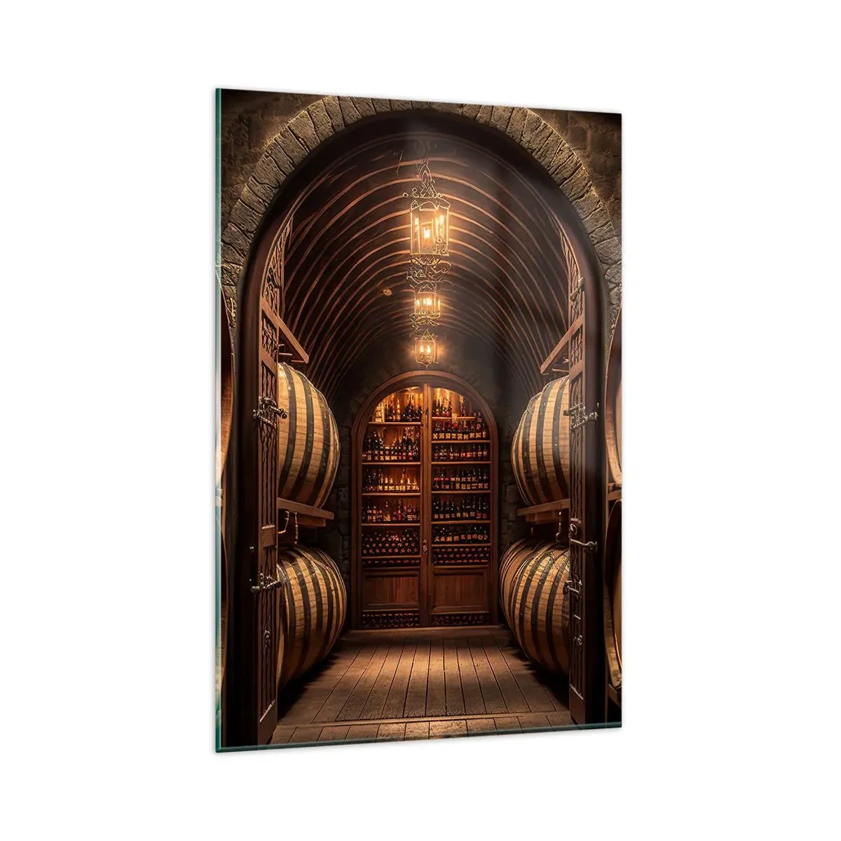 Cuadro sobre vidrio - Impresiones sobre Vidrio - Bodega con barriles de madera y estantes para vinos. - 80x120cm - Sótano atmosférico - Decoración de pared moderna para salón y dormitorio ARTTOR