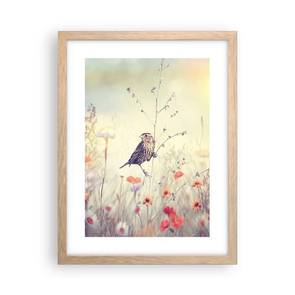 Póster en marco roble claro - Retrato de pájaro con prado de fondo - 30x40 cm