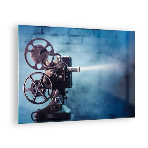 Cuadro sobre vidrio - Impresiones sobre Vidrio - Una cámara de cine de estilo retro contra una pared azul. - 70x50cm - En el antiguo cine - Decoración de pared moderna para salón y dormitorio ARTTOR