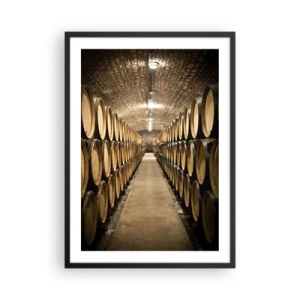 Póster en marco negro - Una bodega llena de barriles de vino - 50x70cm - En una bóveda de ladrillo - Decoración de pared moderna para salón y dormitorio ARTTOR