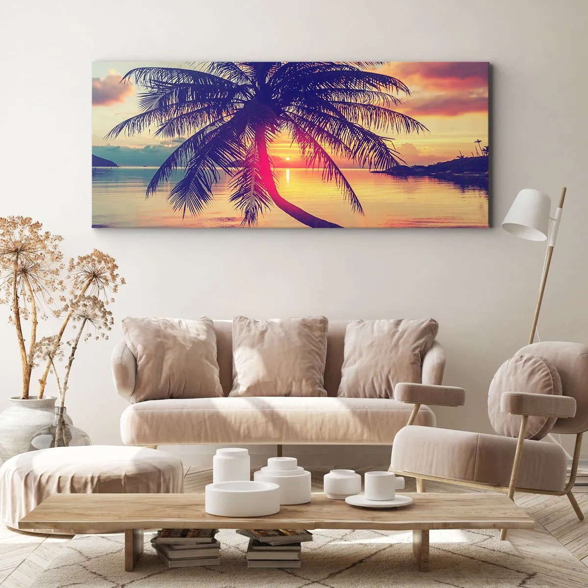 Cuadro sobre lienzo - Impresión de Imagen - Puesta de sol con una palmera sobre una orilla tranquila - 160x50cm - Atardecer bajo las palmeras - Decoración de pared moderna para salón y dormitorio ARTTOR
