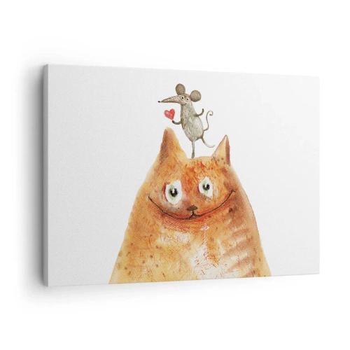 Cuadro sobre lienzo - Impresión de Imagen - Un dibujo de un gato con un ratón en la cabeza sosteniendo un corazón. - 70x50cm - Paradojas del amor - Decoración de pared moderna para salón y dormitorio ARTTOR